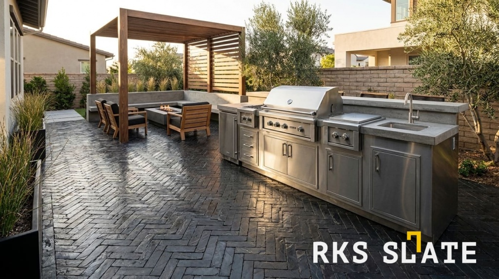 Площадка из натурального камня под современный барбекю — брусчатка RKS Slate Belgian Black Паркет 200х50 мм
